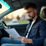 Jeune homme dans une voiture examine ses papiers d'assurance