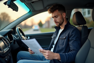 Jeune homme dans une voiture examine ses papiers d'assurance