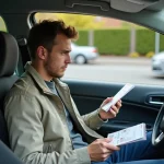 Jeune homme dans la voiture regarde ses documents de permis