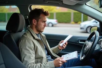 Jeune homme dans la voiture regarde ses documents de permis
