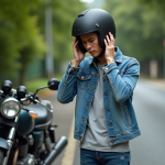Jeune homme ajustant un casque moto sur la route