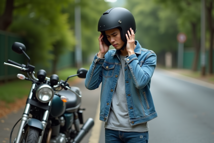 Jeune homme ajustant un casque moto sur la route