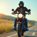 Jeune homme en moto portant des Crocs bleus dans un paysage ensoleille