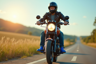 Jeune homme en moto portant des Crocs bleus dans un paysage ensoleille