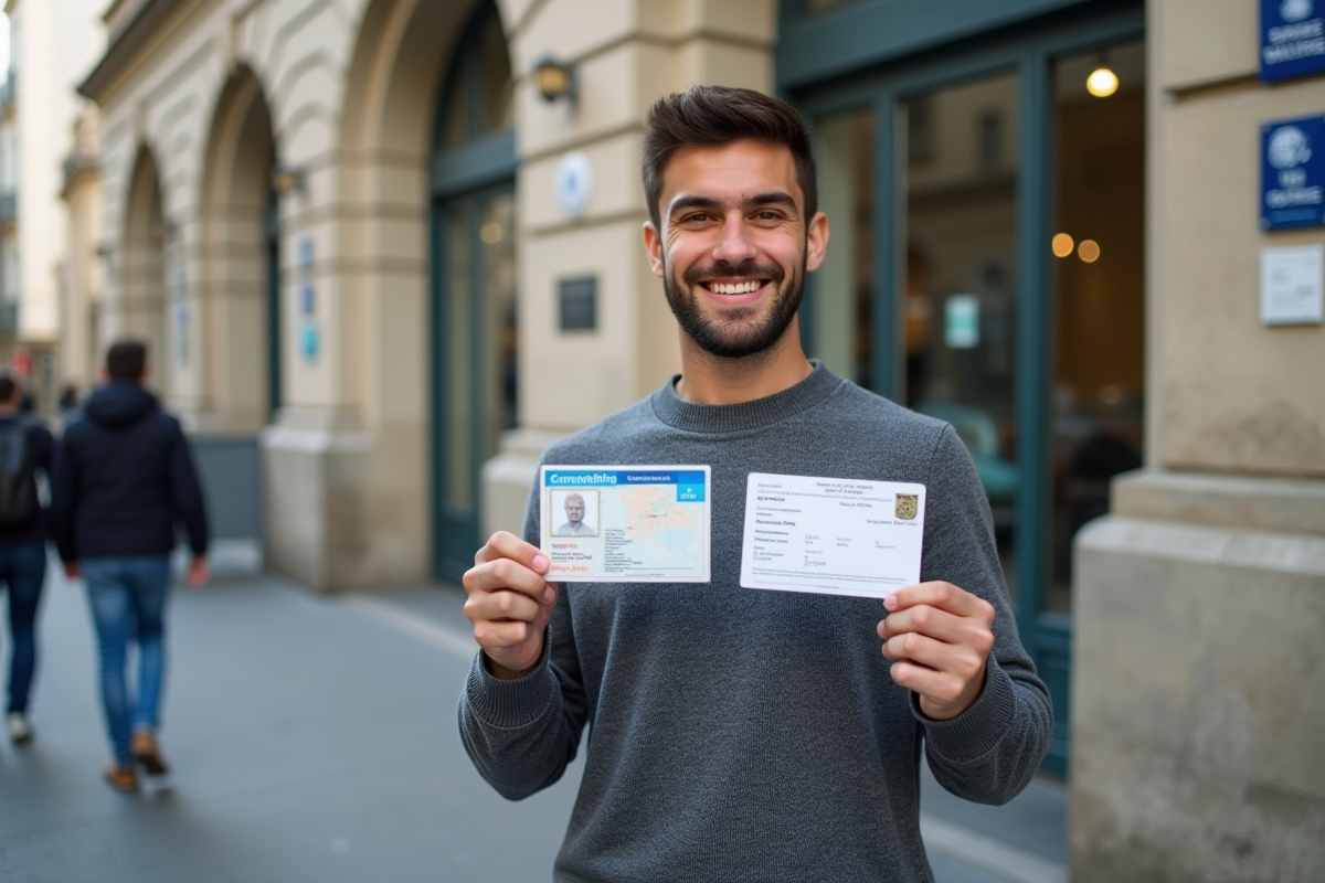 Jeune homme souriant tenant ses anciens et nouveaux permis de conduire
