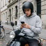 Jeune homme sur un scooter 50cc en ville consultant son téléphone pour comparer des assurances scooter