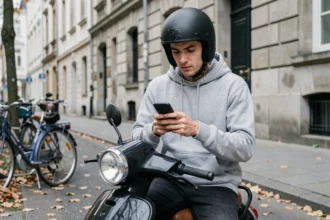 Jeune homme sur un scooter 50cc en ville consultant son téléphone pour comparer des assurances scooter