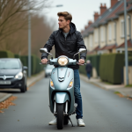 Jeune homme poussant un scooter dans une rue résidentielle française