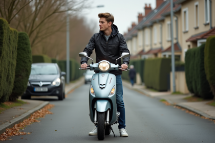 Jeune homme poussant un scooter dans une rue résidentielle française