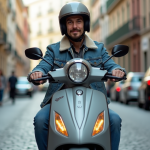 Jeune homme en denim et casque sur scooter en ville