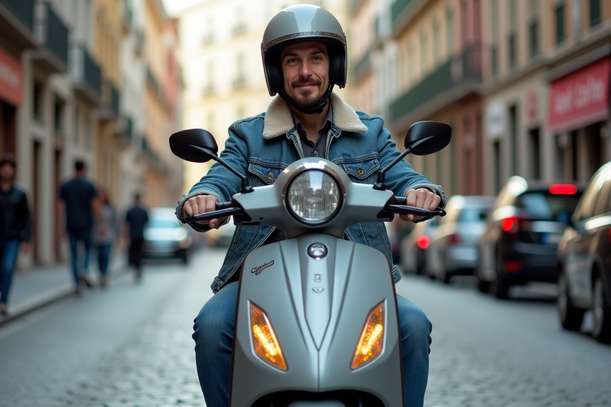 Jeune homme en denim et casque sur scooter en ville