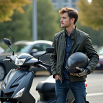 Jeune homme avec scooter 125cc en ville
