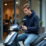 Jeune homme en hoodie regardant son téléphone près d'un scooter