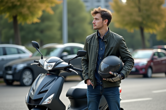 Jeune homme avec scooter 125cc en ville