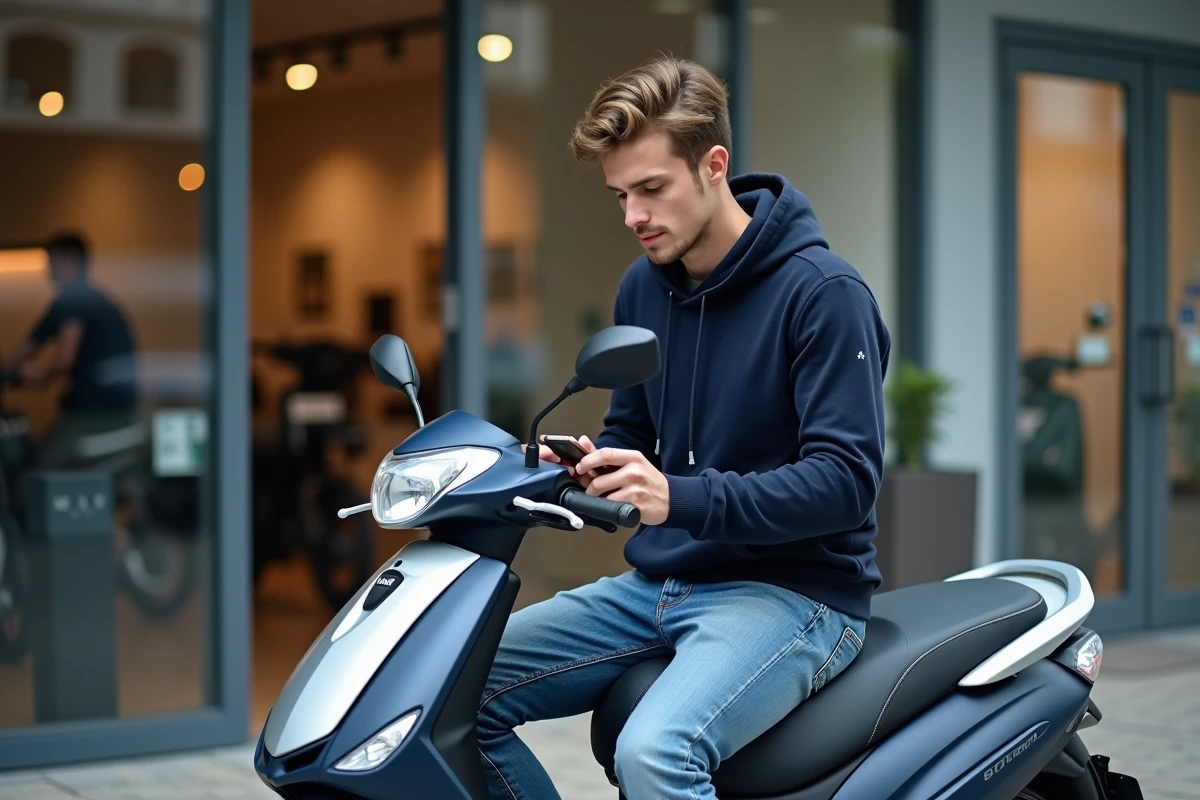 Jeune homme en hoodie regardant son téléphone près d'un scooter