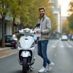 Jeune homme avec scooter 50cc en milieu urbain