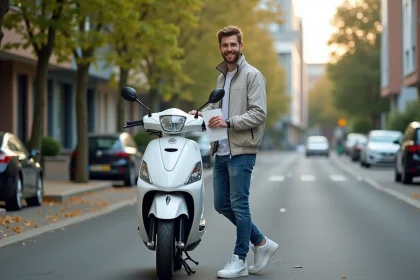 Jeune homme avec scooter 50cc en milieu urbain