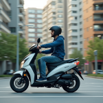 Jeune homme en scooter dans une ville moderne