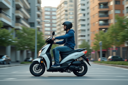 Jeune homme en scooter dans une ville moderne