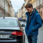 Jeune homme ukrainien inspectant sa plaque d'immatriculation