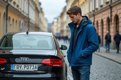 Jeune homme ukrainien inspectant sa plaque d'immatriculation