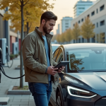 Jeune homme près d'une voiture électrique moderne en ville