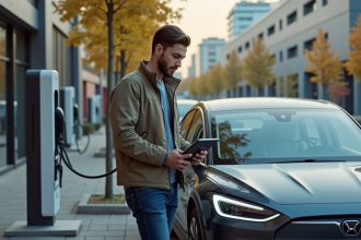 Jeune homme près d'une voiture électrique moderne en ville