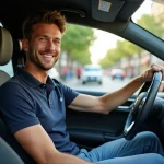 Jeune homme au volant d'une voiture compacte en ville