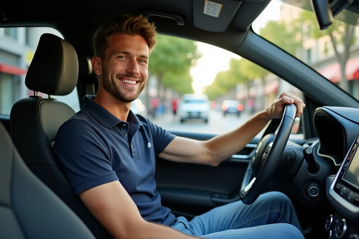 Jeune homme au volant d'une voiture compacte en ville