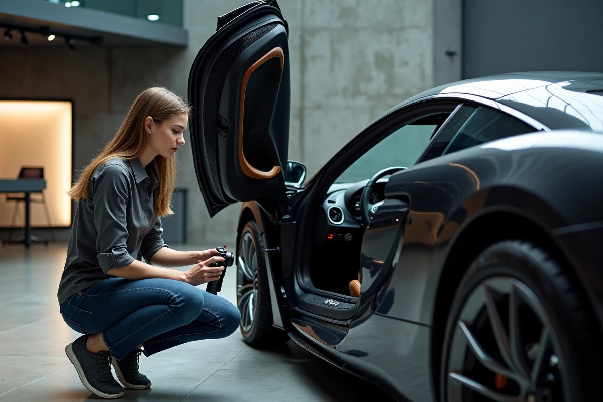 Jeune journaliste automobile documentant l’intérieur d’une McLaren F1