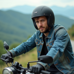 Jeune homme en moto sur un paysage de campagne