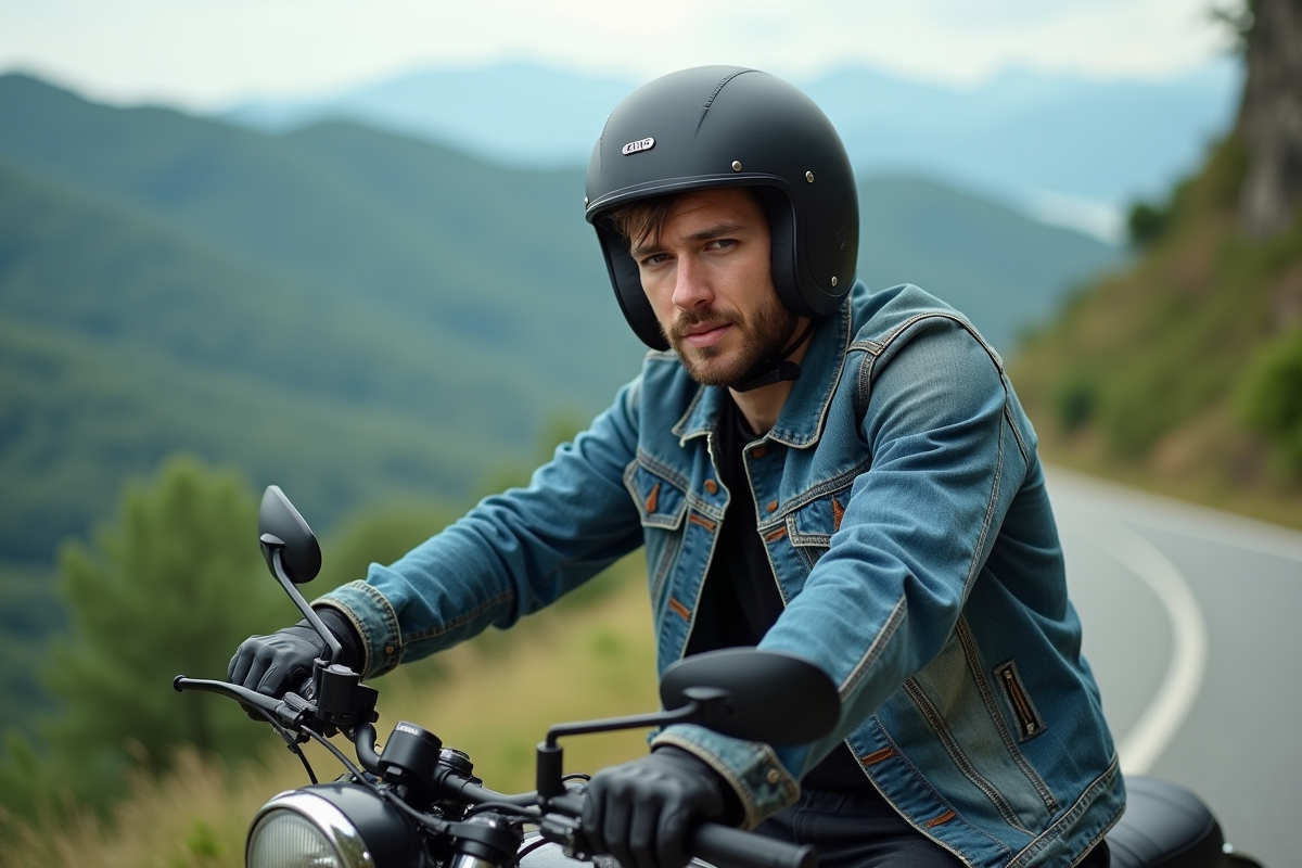 Jeune homme en moto sur un paysage de campagne