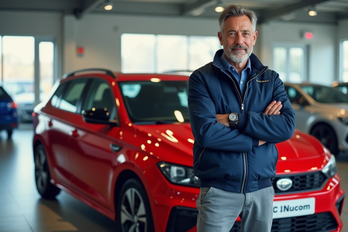 Un journaliste automobile examine une LADA Granta rouge dans une concession française, comparaison des voitures low cost sur le marché européen