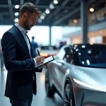 Journaliste automobile prenant des notes devant une voiture électrique concept dans un salon de l'auto moderne en 2026
