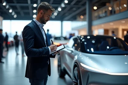 Journaliste automobile prenant des notes devant une voiture électrique concept dans un salon de l'auto moderne en 2026