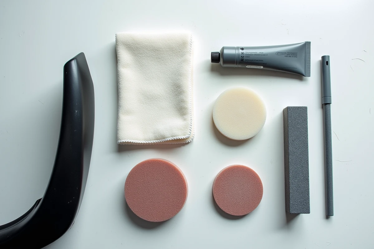 Kit complet efface-rayures voiture disposé en flat lay sur un établi blanc avec un pare-chocs rayé