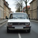 Une LADA Vesta blanche garée dans une rue résidentielle française, illustrant la présence des voitures low cost sur le marché automobile français