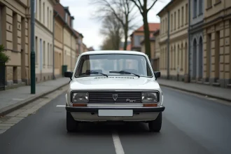 Une LADA Vesta blanche garée dans une rue résidentielle française, illustrant la présence des voitures low cost sur le marché automobile français