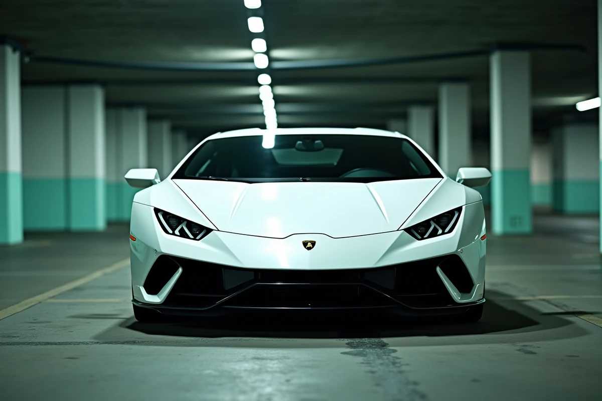 Lamborghini Huracan blanche garée dans un parking souterrain, vue grand angle depuis le bas