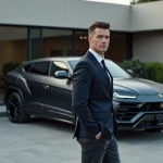 Homme élégant debout devant une Lamborghini Urus noire dans une concession automobile privée