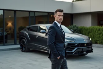 Homme élégant debout devant une Lamborghini Urus noire dans une concession automobile privée