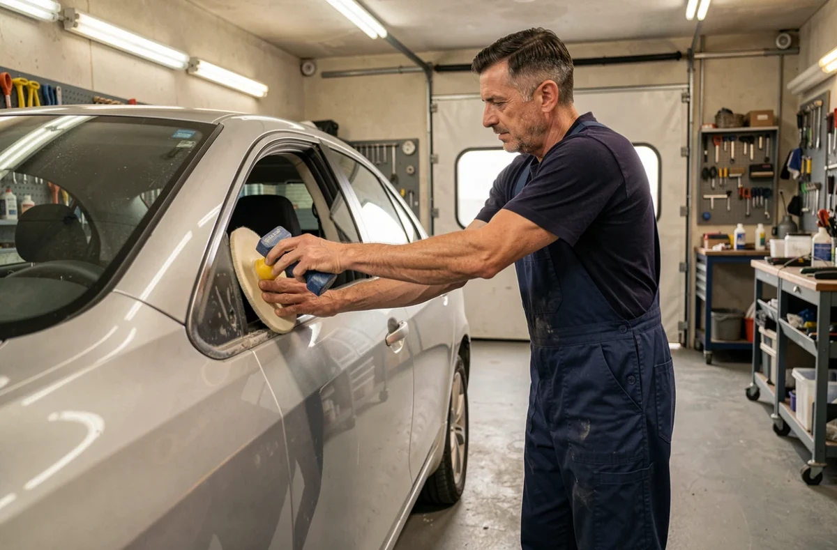 Technicien carrossier en train de poncer une portière de véhicule dans l'atelier LB Carrosserie à Esvres