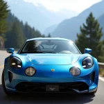 Logo Alpine sur le capot d'une A110 bleue garée sur une route de montagne dans les Alpes françaises