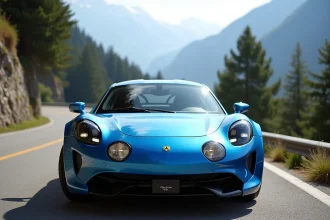Logo Alpine sur le capot d'une A110 bleue garée sur une route de montagne dans les Alpes françaises