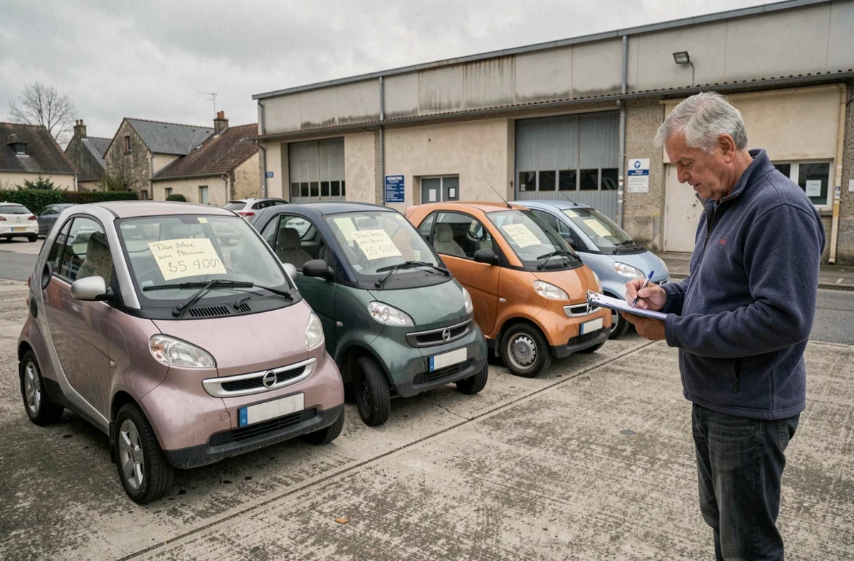 Lot de voitures sans permis d'occasion exposées chez un concessionnaire de petite annonce en France