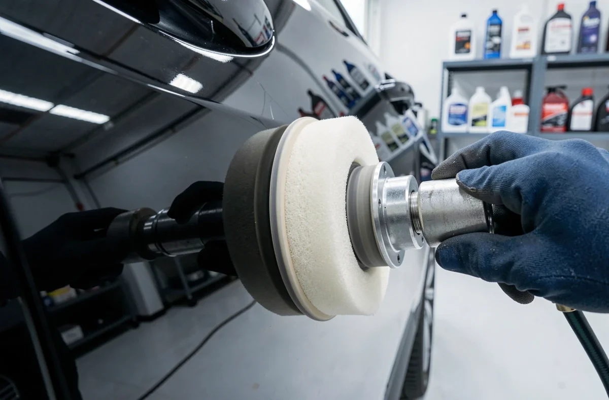 Machine à polir professionnelle appliquée sur une carrosserie noire brillante dans un atelier de detailing