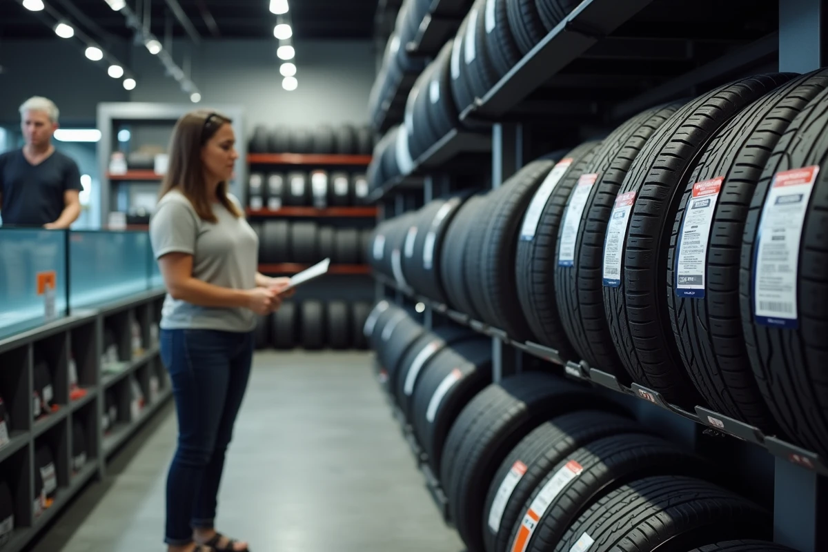 Cliente en magasin de pneumatiques lisant l'indice de vitesse sur l'étiquette d'un pneu exposé