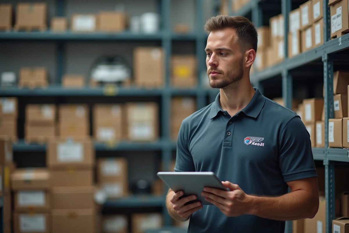 Magasinier pièces détachées consultant Dialogys sur une tablette dans un entrepôt automobile