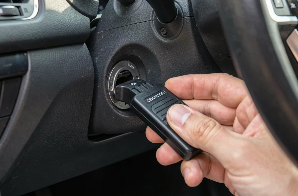 Main branchant un petit boîtier sur la prise de diagnostic d'une voiture