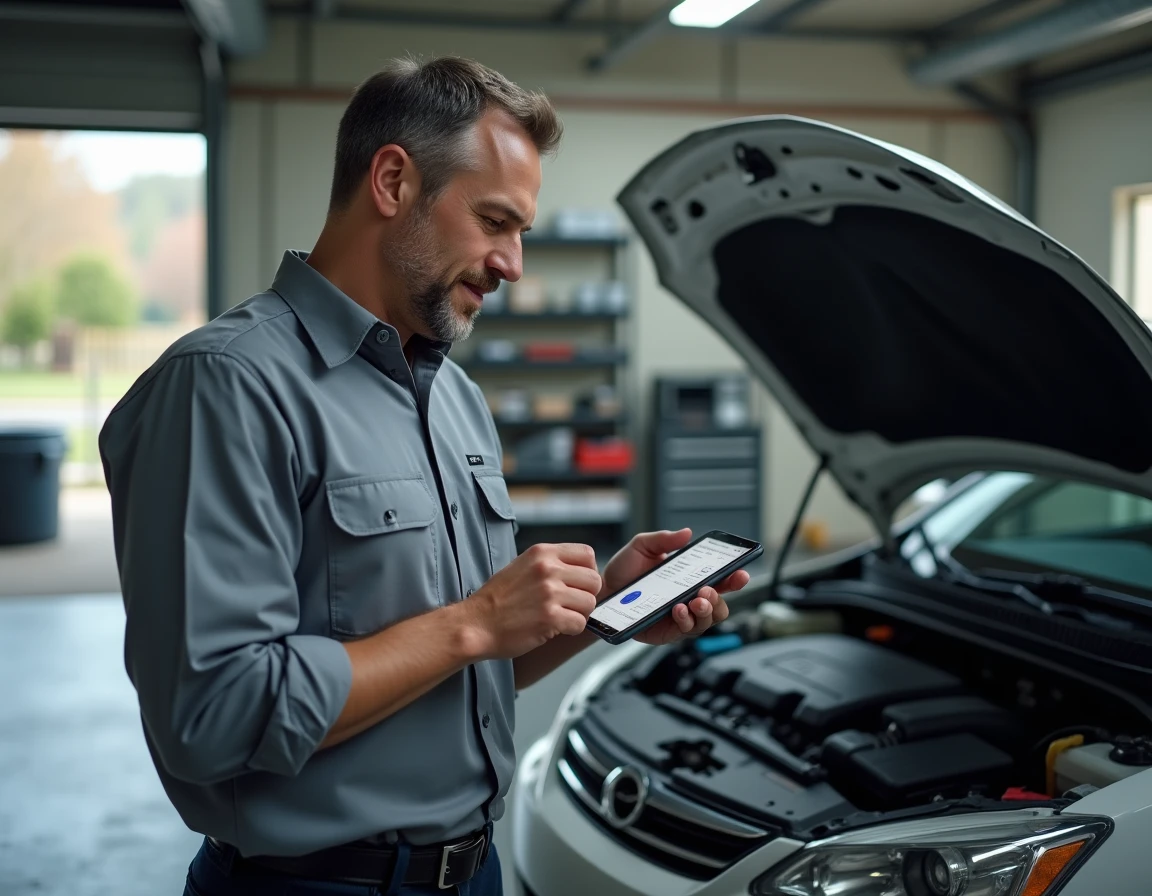 Mécanicien utilisant une application de gestion automobile sur tablette dans un garage résidentiel
